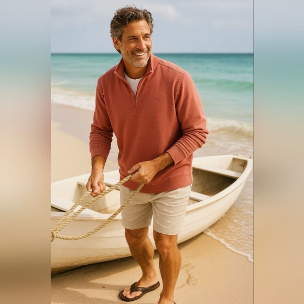 Tommy Bahama Men’s XXL Coral Salmon 1/4 Zip Pullover Sweatshirt Beach Vibes